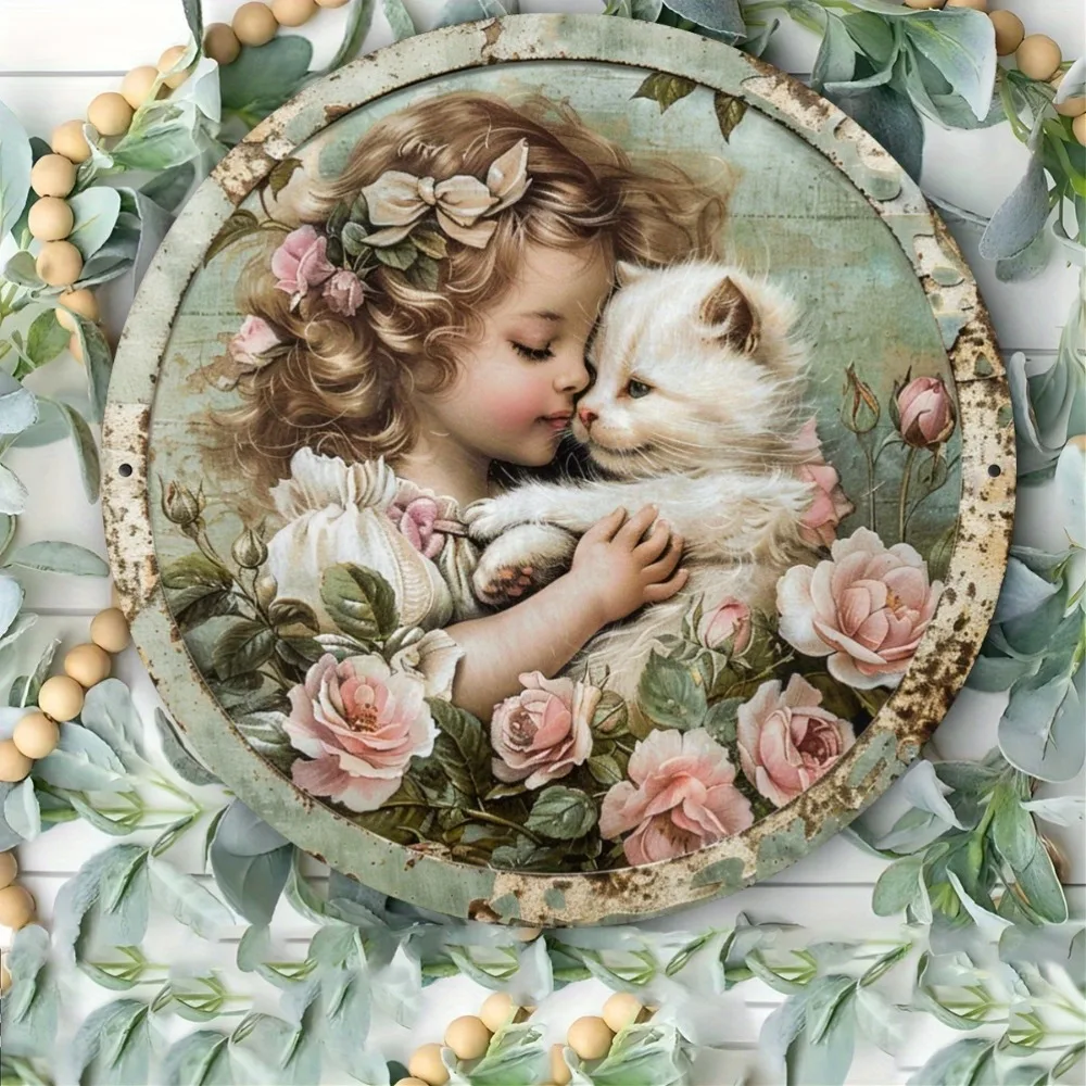 Vintage Rose and White Cat Aluminum Sign - Single Pack Metal Wall Decor, Indoor Outdoor Quaint Home Restaurant Cafe Garage Art