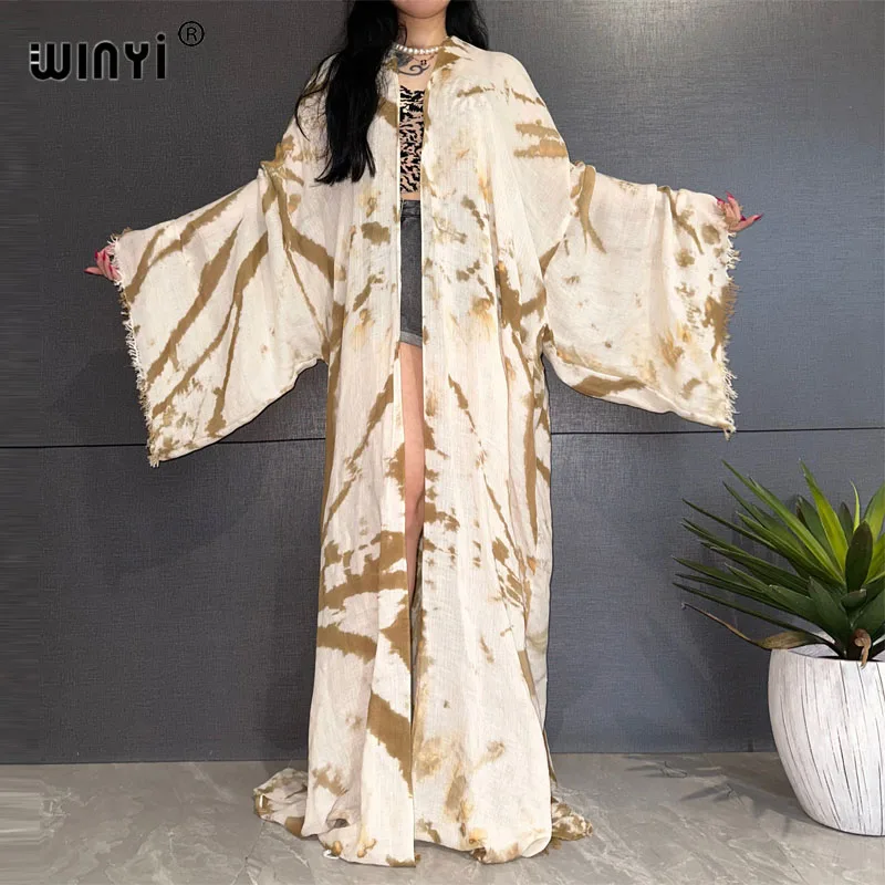 Winyi Nieuwe Bohemian Tie-Dye Print Elegante Jurk Afrikaanse Vesten Bovenkleding Voor Dames Zomer Strandkleding Zwempak Cover Up Kimono