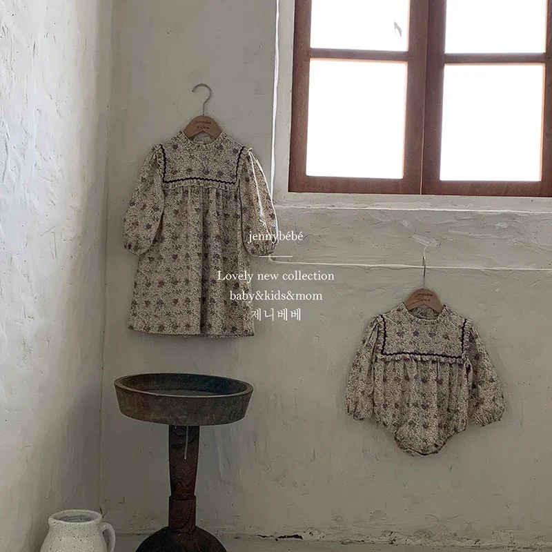 Spring Vintage Toddler Girls Dress Casual Floral Ruffles Romper Baby Clothes Sister Matching Flowers Costumes Kids' Clothing