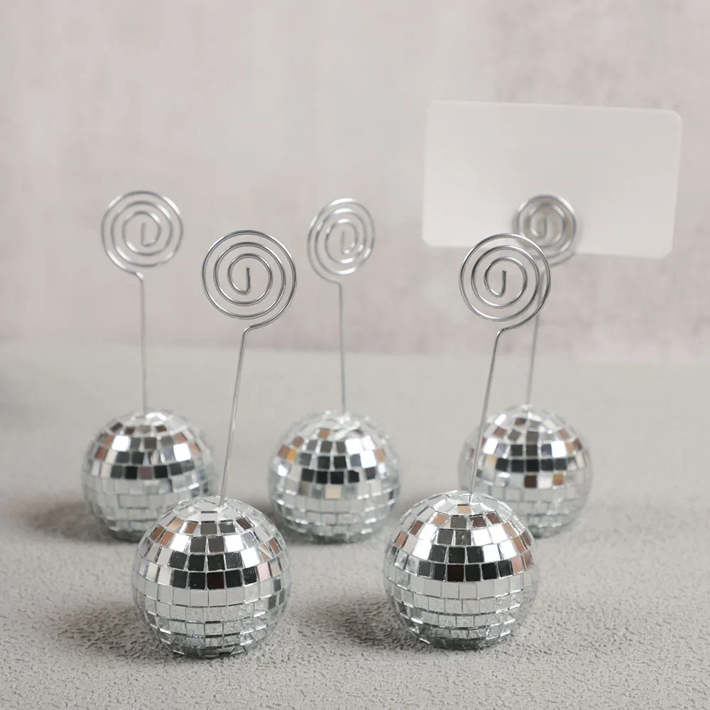 4Pcs Creative Mirror Ball Card Holder Message Table Name Number Card Clips for 70s Disco Theme Wedding Birthday Party Decoration