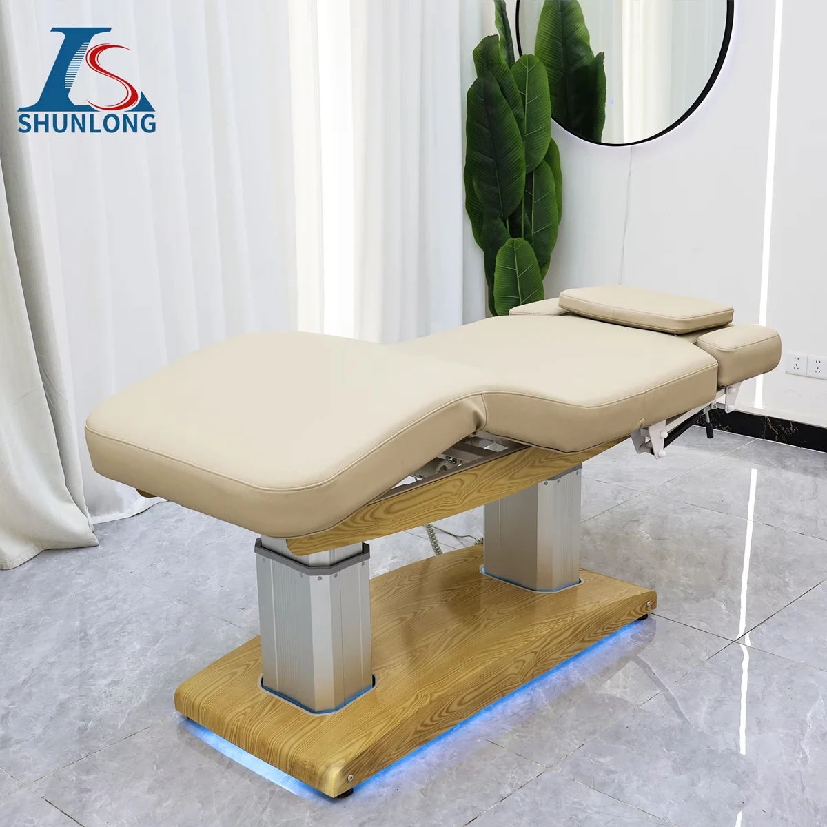 Electric Massage Facial Bed Beige PU Wood Grain Base Double Aluminum Column Lift LED Ambient Light Reclining Beauty Table for Sp