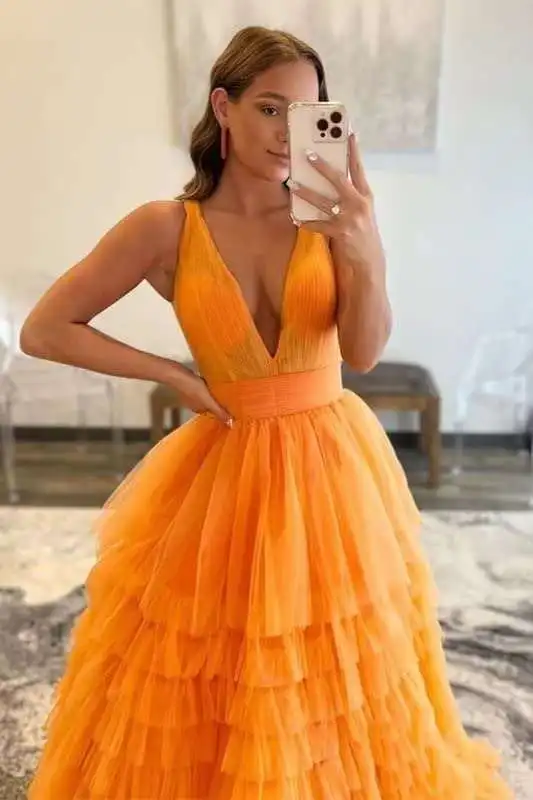 A Line Women's Prom Dress Women Gown Deep V Nightgown Tulle Multi-layer Bridal Evening Dresses Customized Wedding Party Dress