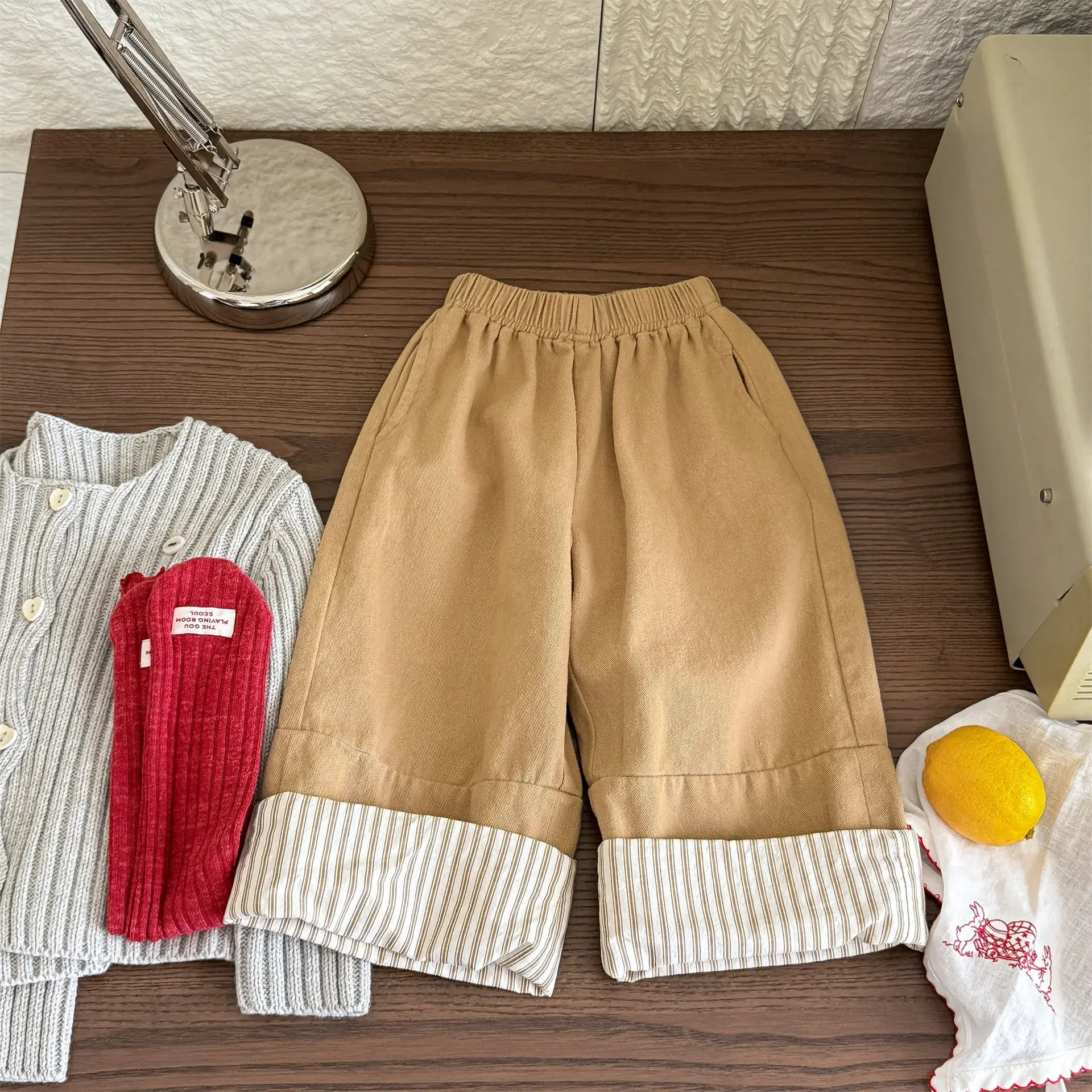 

Vintage Striped Cuff Kids Wide Leg Pants Autumn Elastic Waist Toddler Trousers for 1-6Y Girls Loose Soft Pants