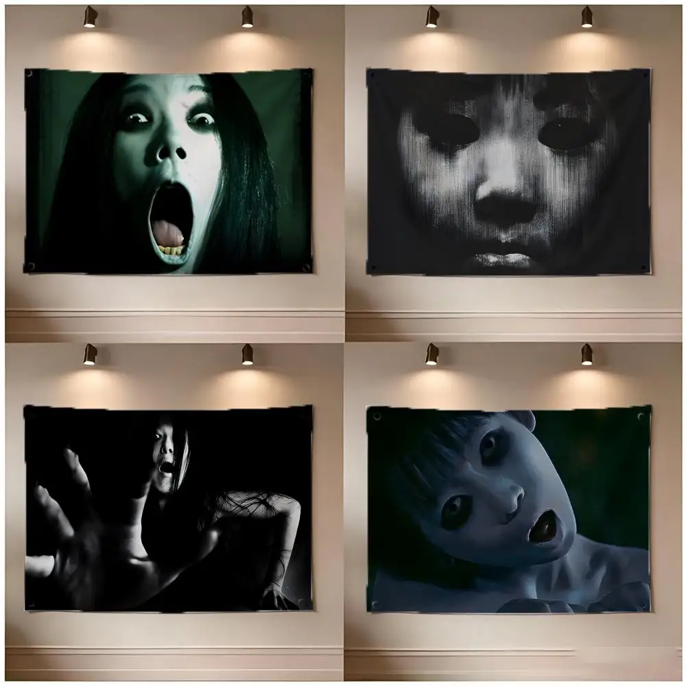 Movie Horror Ju-On Flags Borderless Four Ring Ornament Indoor Outdoor Decoration Quick Hang Install