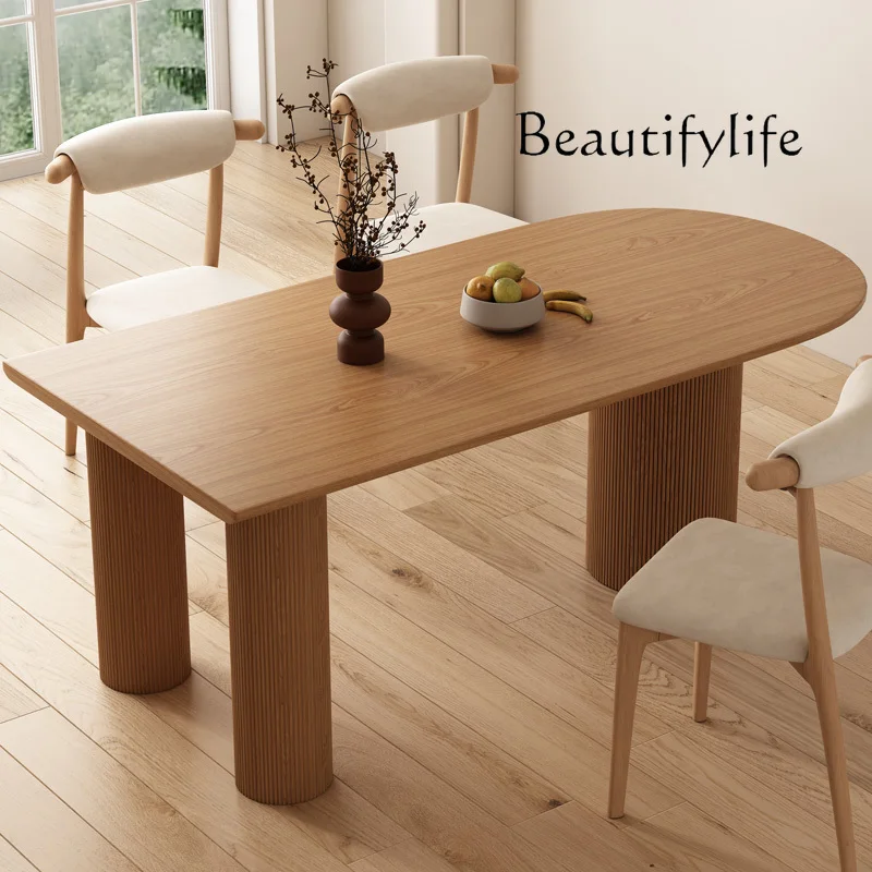 

French medieval rock slab dining table oval small apartment household solid wood walnut retro dining table