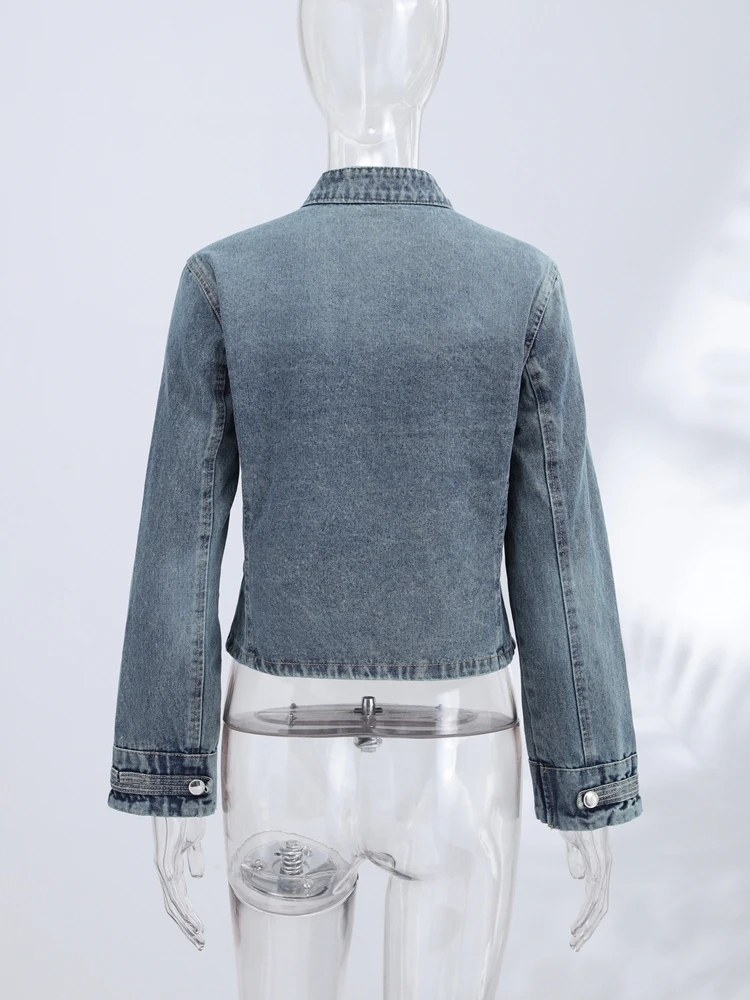 Denim Napoleon Jacke Shorts Anzüge Damen Vintage Stehkragen Langarm Mäntel Tiefsitzende Shorts Sexy Damen Neue Partykleidung Outfits – Detail 6