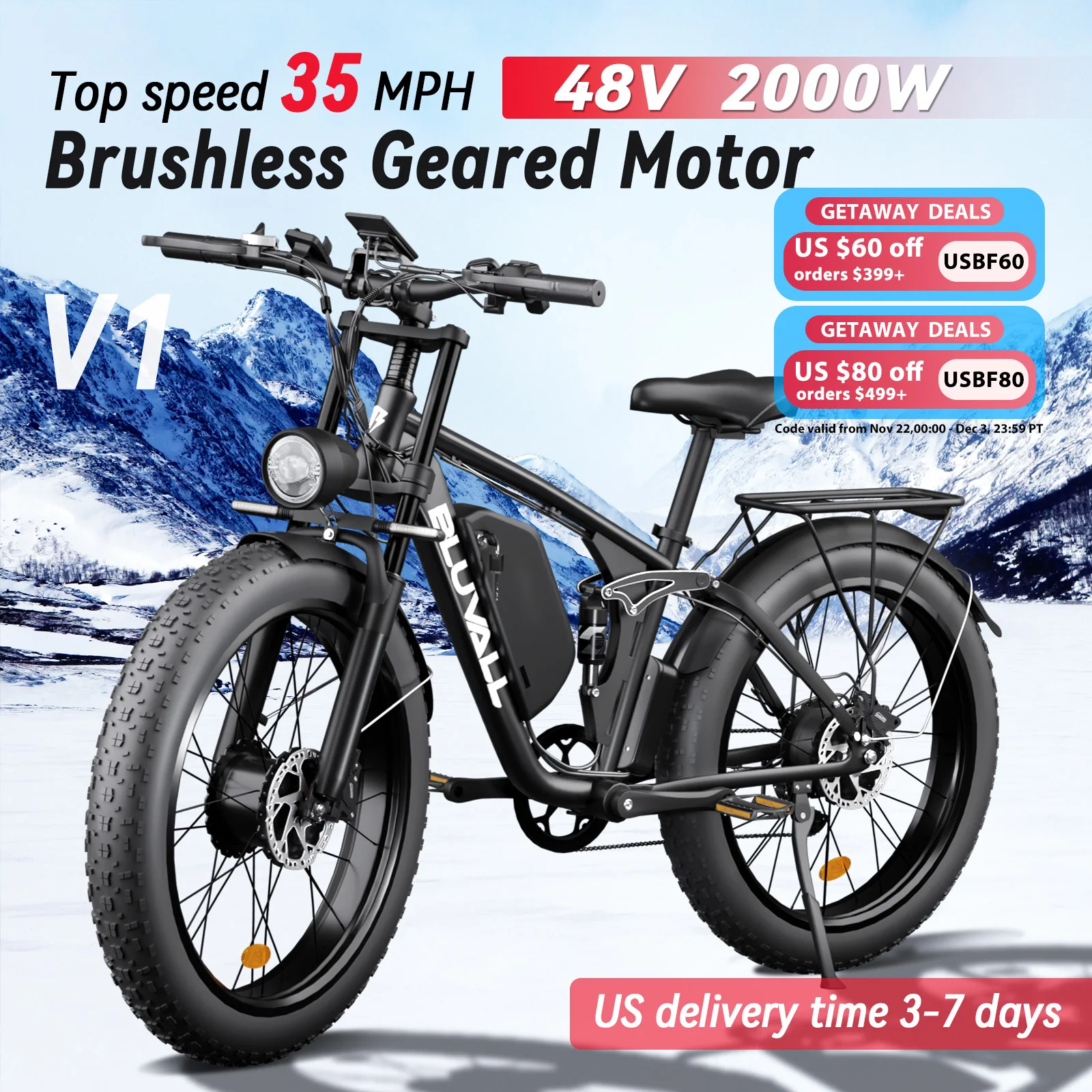 BLUVALL V1 48v  E-Bike Dual 2000W Fat tire Ebike 8 Speed Snow Beach Bike 26*4.0  Dual Motor Full Suspension 35MP