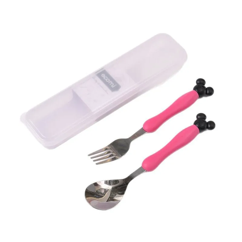 Schattige kinderen lepel vork set Mickey babyvoeding lepel roestvrij staal kinderen eten gebruiksvoorwerpen peuter baby bestek accessoires