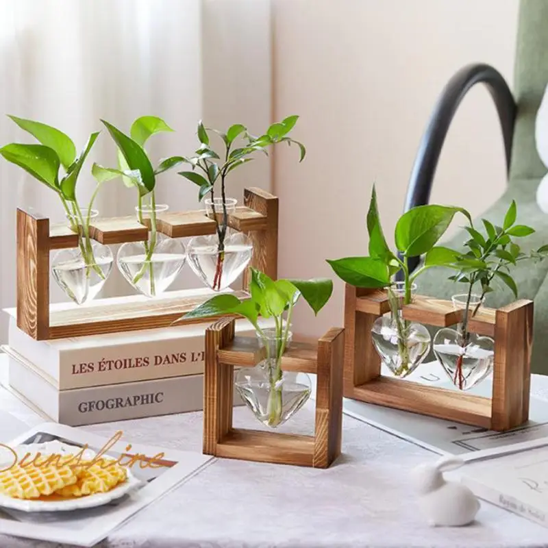 Tabletop Glass Planter Propagation Station Hydroponic Plant Vase With Wooden Tray Flower Container For Home Office Decoration