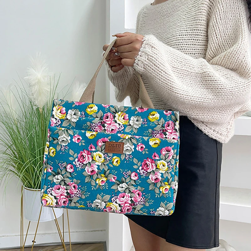 Bolsa de lona de grande capacidade para mulheres, estampa de flores, portátil, ao ar livre, praia, compras, casual, escritório, documento, bolsa, moda