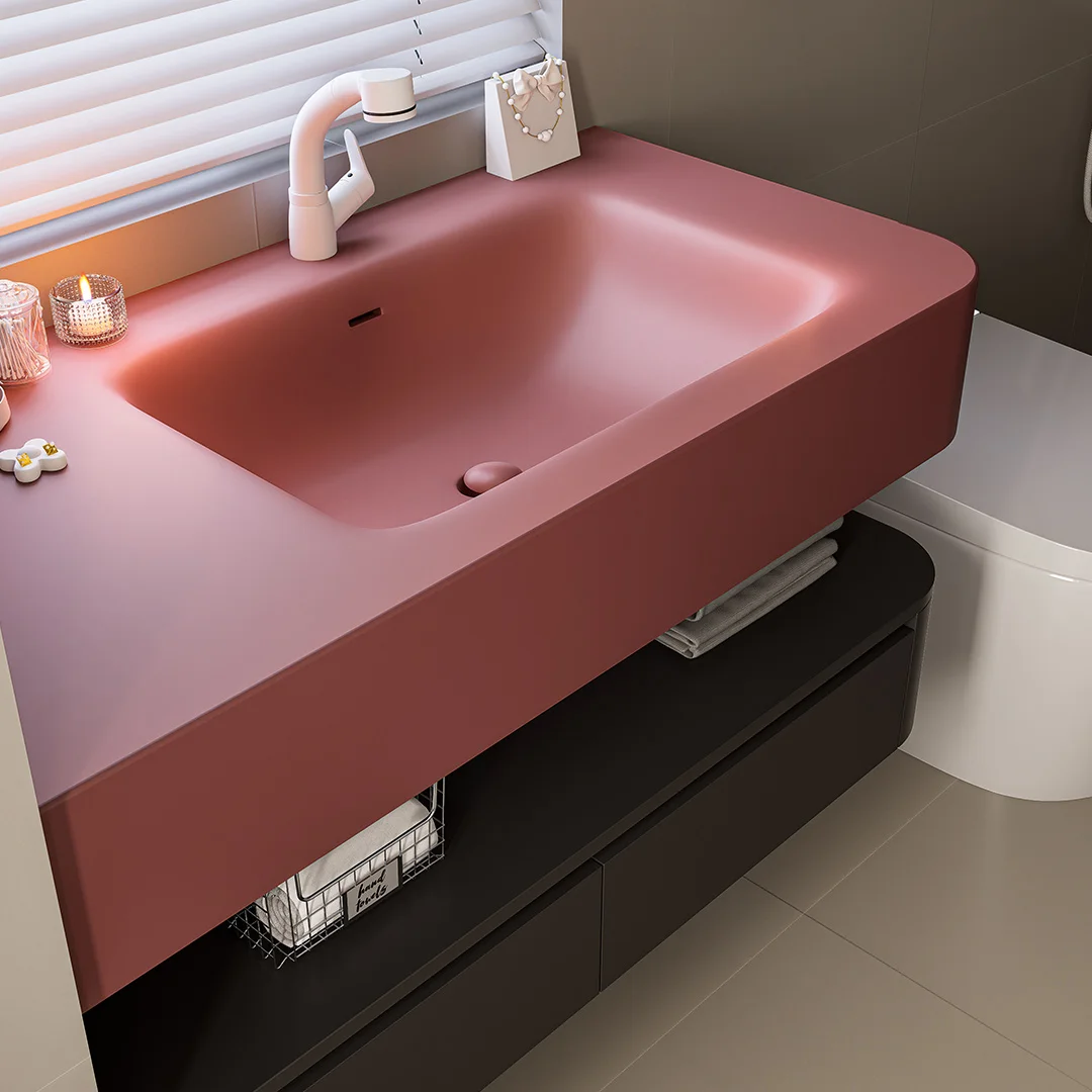

Lip print Corian integrated basin bathroom cabinet combination light luxury hotel style washstand hand washbasin