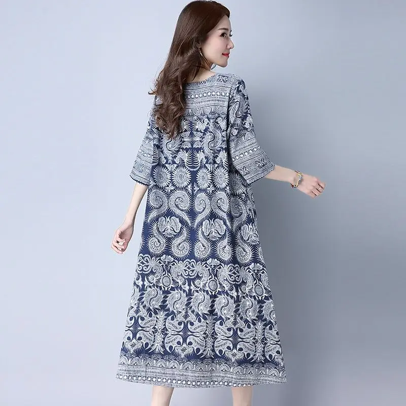 Robe mi-longue en lin pour femmes, vêtements surdimensionnés, ample, imprimé, Vintage, bureau, col rond, manches courtes, t-shirt fin, été