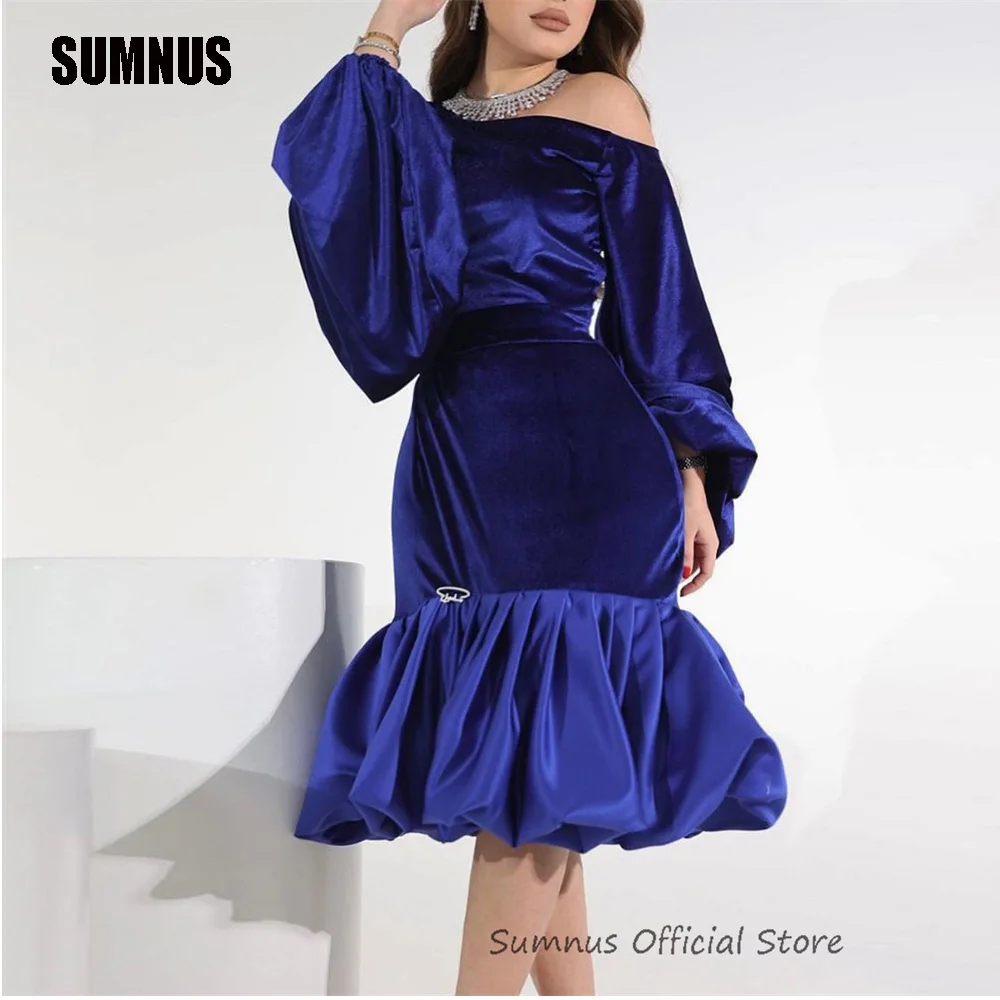 

SUMNUS Sexy One Shoulder Royal Blue Velvet Mermaid Prom Dresses Saudi Arabic Long Sleeves Tea Length Evening Gowns Party Dress