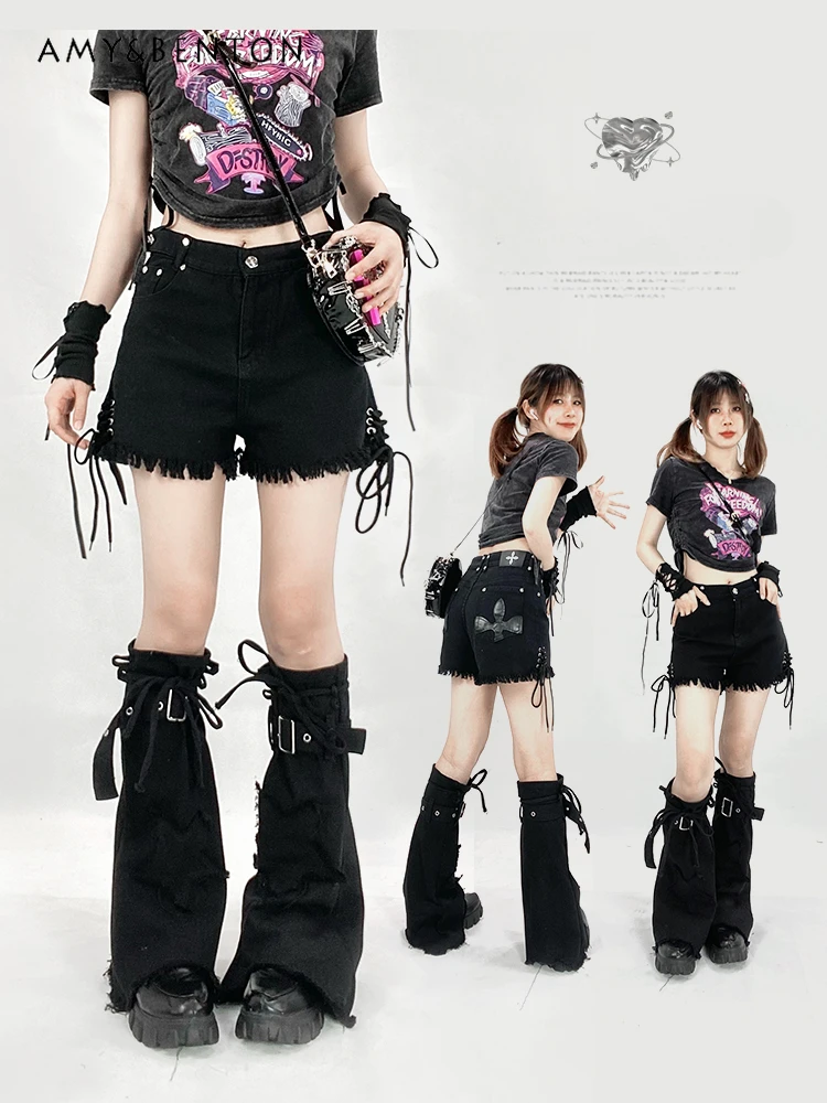 

Punk Y2K Hot Girl Black Cross Denim Shorts Women Summer New High Street Gothic High Waist Slim Cross Lace-up Wide Leg Pants