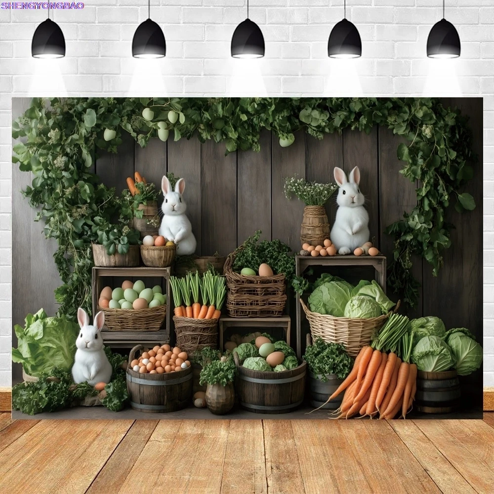 2025 фон для фотосъемки с Пасхой, весенние цветы, деревянная дверь, морковь, кролик, яйца, трава, капуста, детский фон для дня рождения