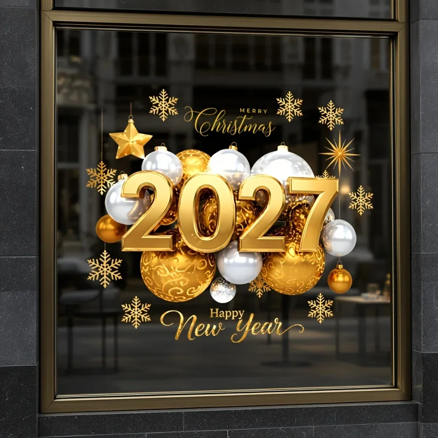 2027 Christmas New Year Window Sticker, Snowman Snowflake Star Merry Christmas Happy New Year Static Window Cling
