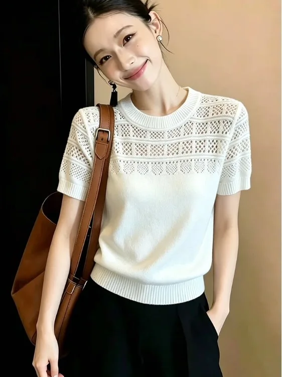 

2026 Summer New Hollow out Knitted Short Sleeve T-Shirt Women's Thin round Neck Age-Defying Top Fashionable And Elegant