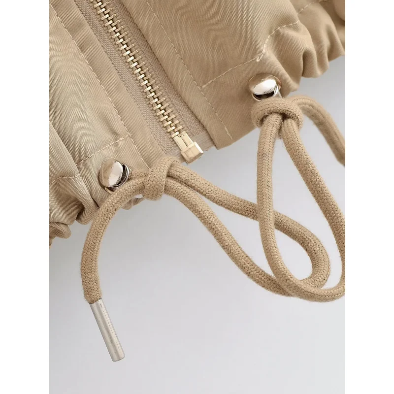 2026 Neue Damen Khaki Kapuzenjacke Langarm Reißverschluss Oversized Locker Lässige Oberbekleidung Damenmantel Langarm Reißverschluss-Design – Detail 8