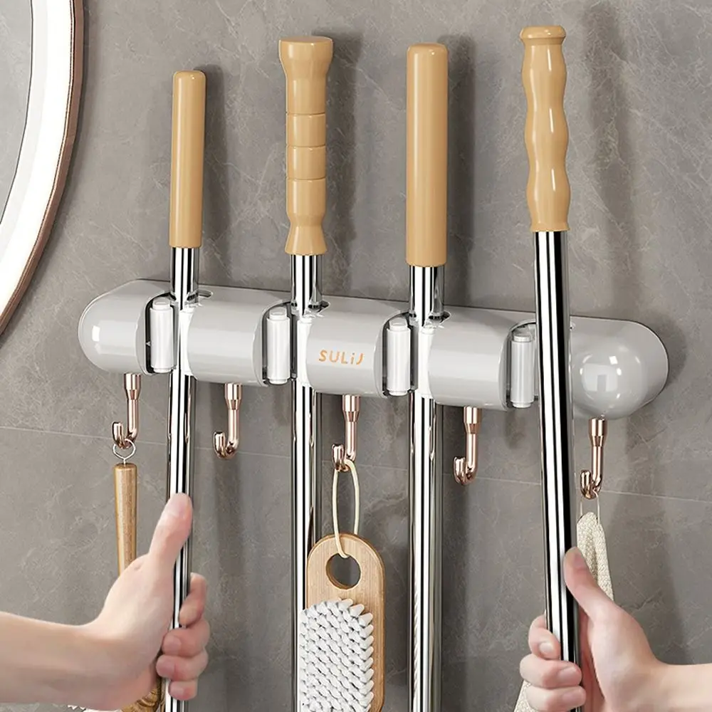 Plastic Broom Mop Holder Punch-free Wall Mounted Mop Hanging Hanger Self-Adhesive with 4 Slots & 5 Hooks Mop Broom Organizer