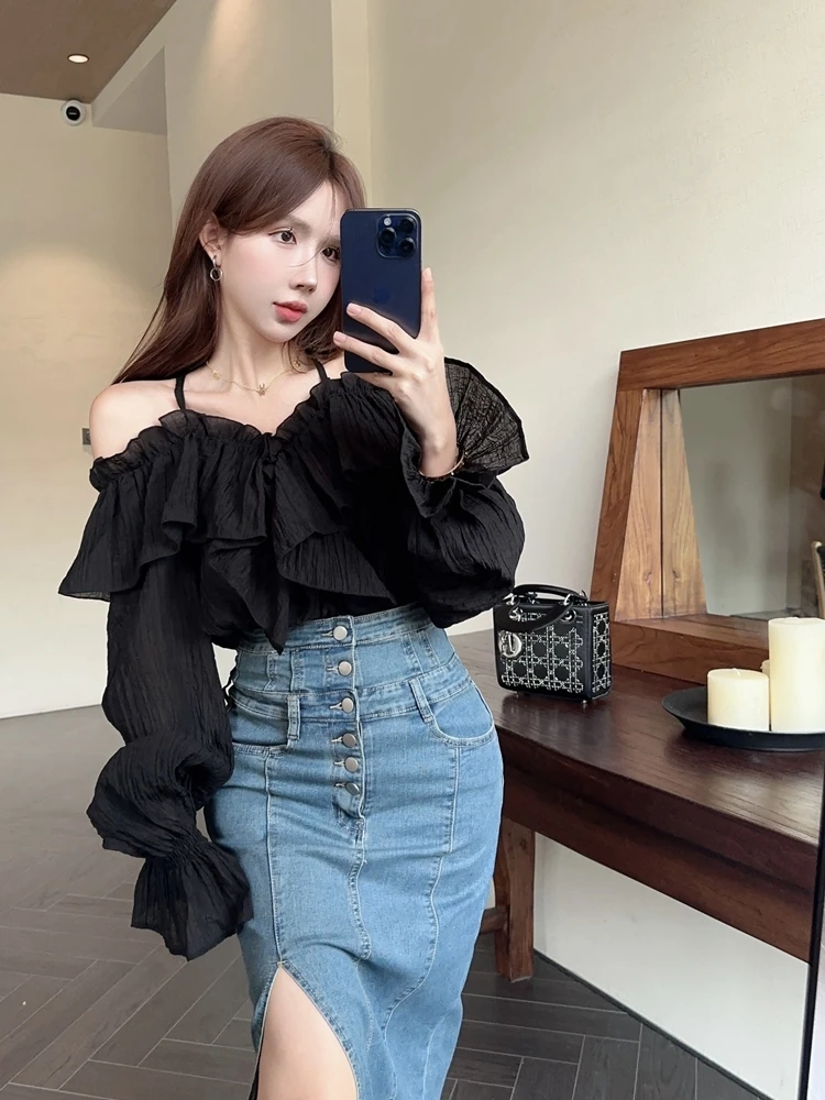 Chiffon Korean Elegant Blouse Women 2024 Casual Fashion Off Shoulder Blouse Female Long Sleeve Designer Pretty Pink Blouse