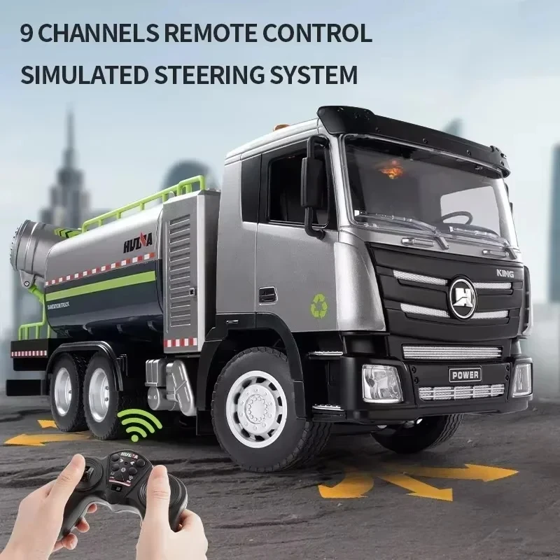 New 1:18 Nine Channels Remote Control Cannon Truck Simulation Sanitation Truck Water Spray Semi Alloy Work Vehicle Model Boy Toy