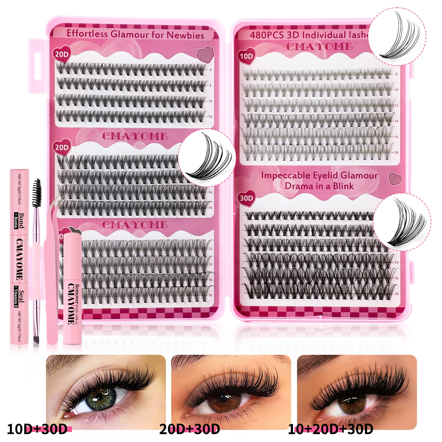 DIY Eyelash Extension Kit 480PCS 3D Individual Lashes Cluster Set 8-18mm Mix Lash Clusters with Lash Bond and Seal Makeup Tools