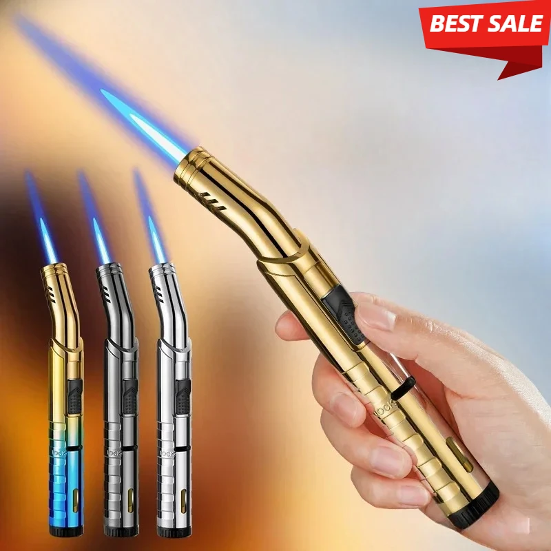 Outdoor Windproof Barbecue Igniter Metal Turbine Torch Blue Flame Butane Gas Lighter Kitchen Jewelry Welding Tool Safety Lock