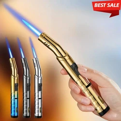 Outdoor Windproof Barbecue Igniter Metal Turbine Torch Blue Flame Butane Gas Lighter Kitchen Jewelry Welding Tool Safety Lock