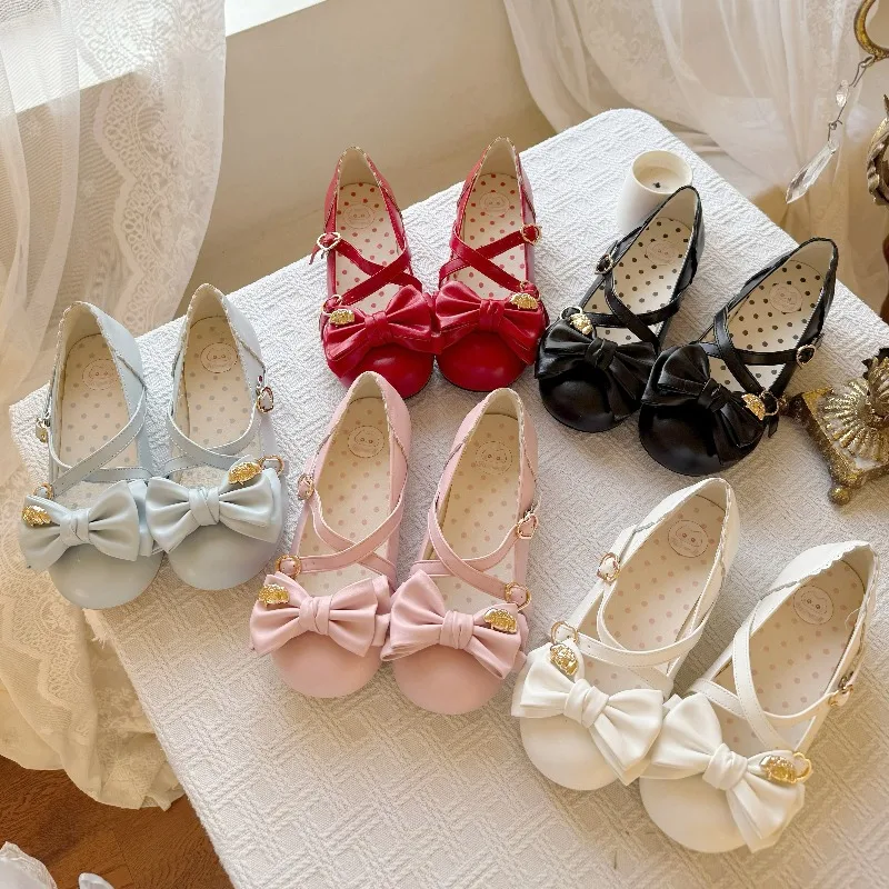 Sweet Lolita Shoe Women Round Toe Low Heel Pumps Cross Strap Big Bow Metal Badge Decor Cute Tea Party Cosplay Lolita Dress Shoes