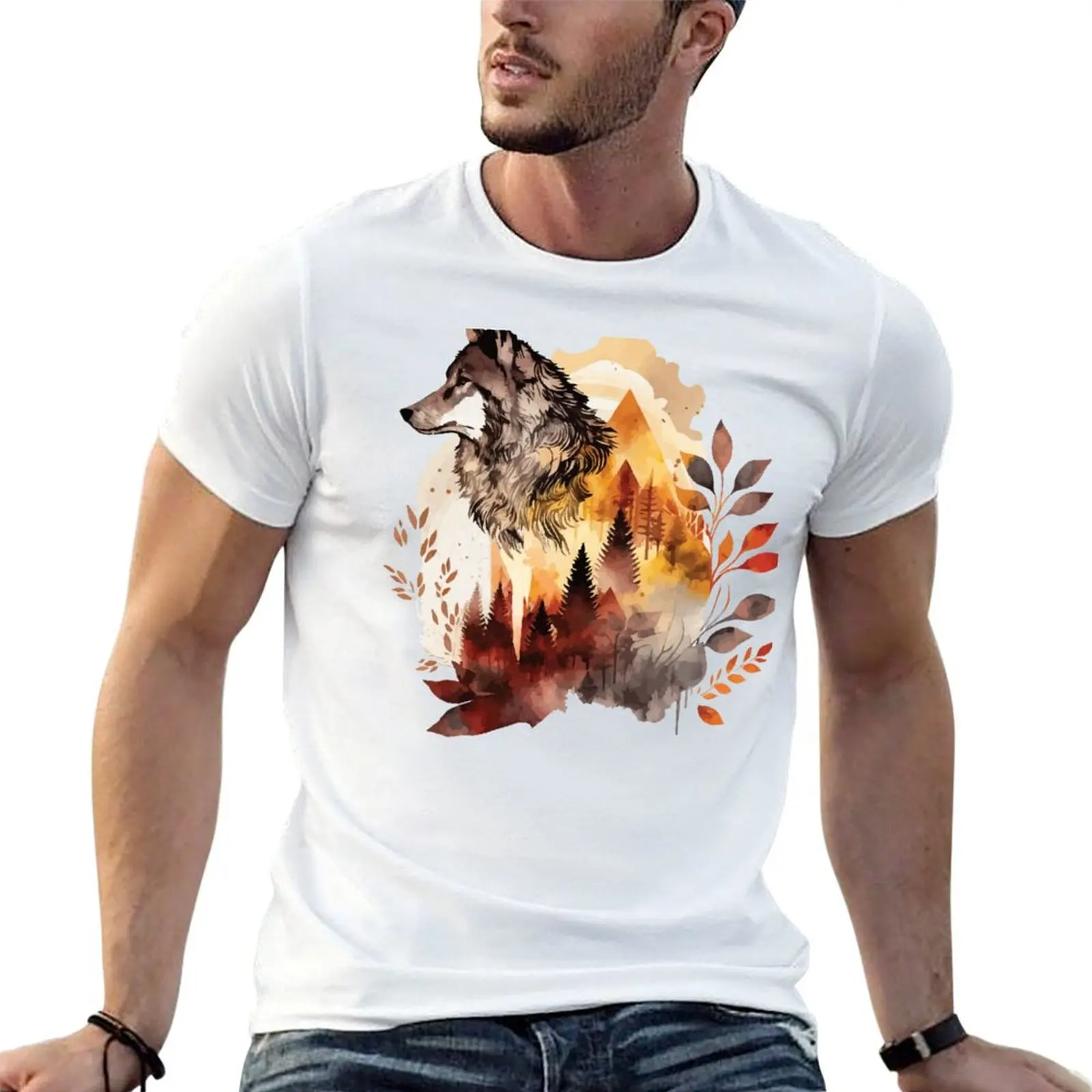 A Watercolor of a Wolf in Orange Toned Forest - Boho Animals T-shirt cute clothes animal prinfor boys Men's clothing