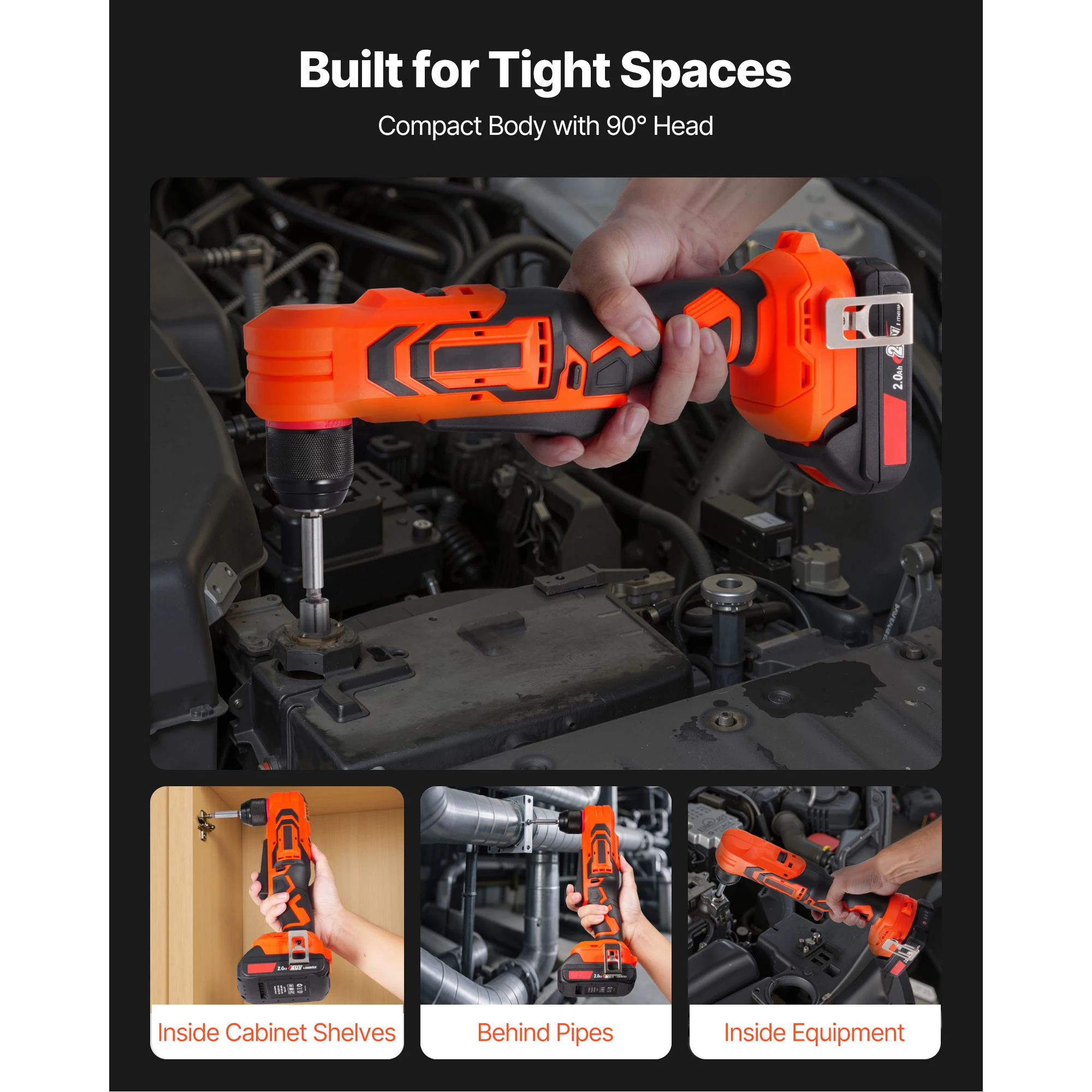 SucceBuy Right Angle Drill 3/8Inch Chuck 90 Degree Cordless Right Angle Drill with Brushless Motor Battery Charger and Belt Clip