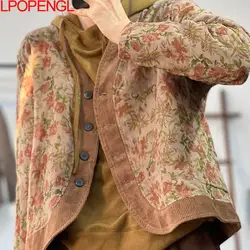 National Style Women Autumn And Winter Long Sleeves Coat 2025 New Literary Jacquard Single-breasted Fashion Cotton Jacket Trend
