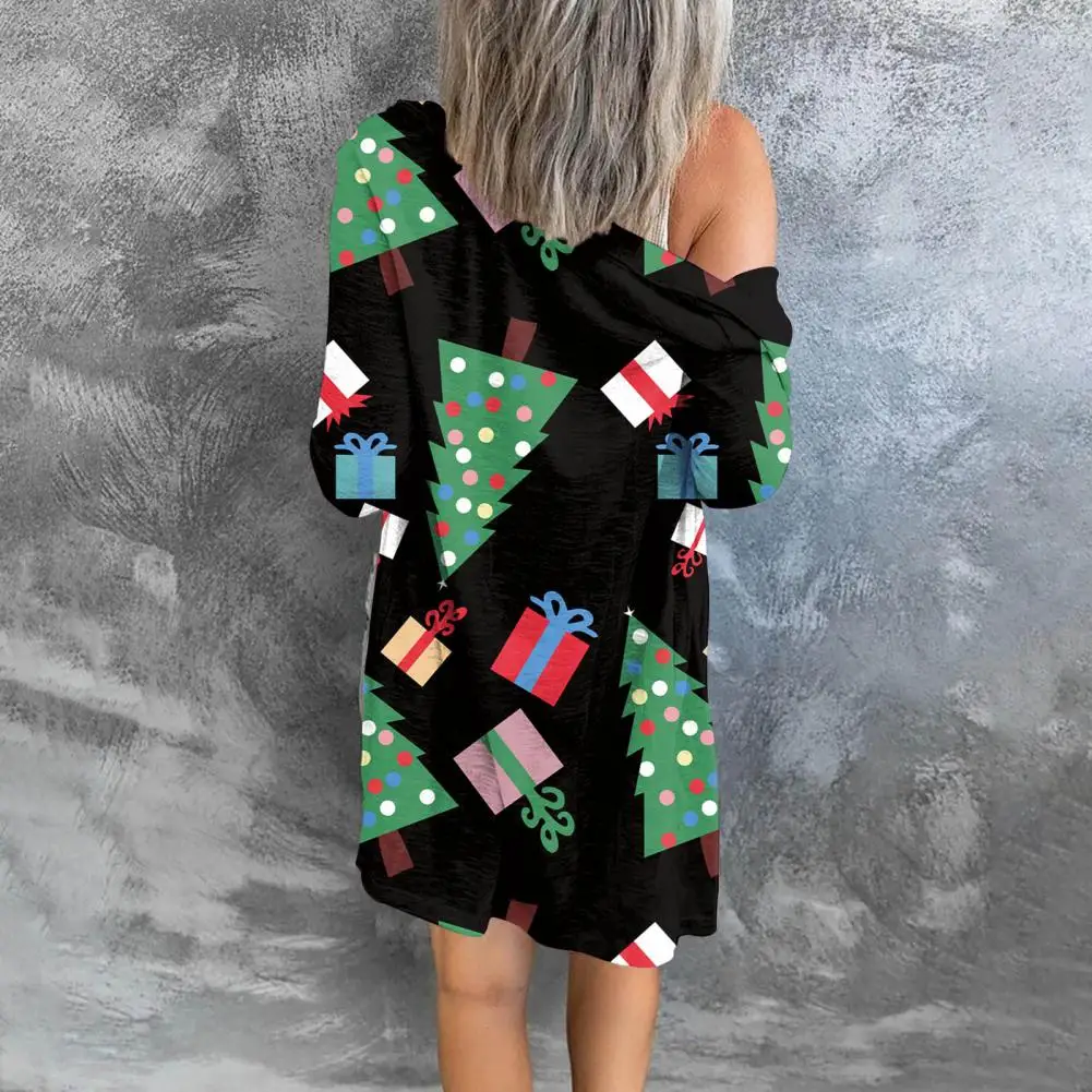 Christmas Print Women Mid-length Jacket Long Sleeve Cardigan Loose Open Front Long Cardigan Coat Christmas Women Spring Coat