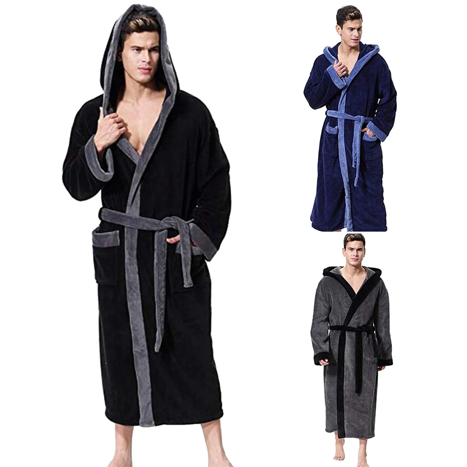 Winter Thick Warm Bathrobe Men Coral Fleece Robe Nightgown Bath Gown Sleepwear Loose Soft Long Nightwear Sleepwear