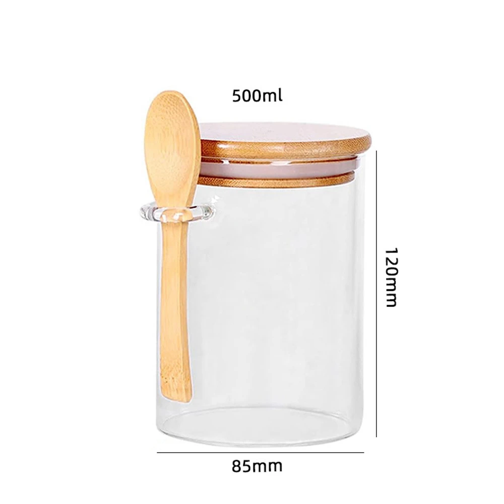 6 Pieces 500ML Glass Storage Jars with Spoons Sealed Glass Bottle, Kitchen Seasoning Storage Tank, Bamboo Cover Glass Bottle