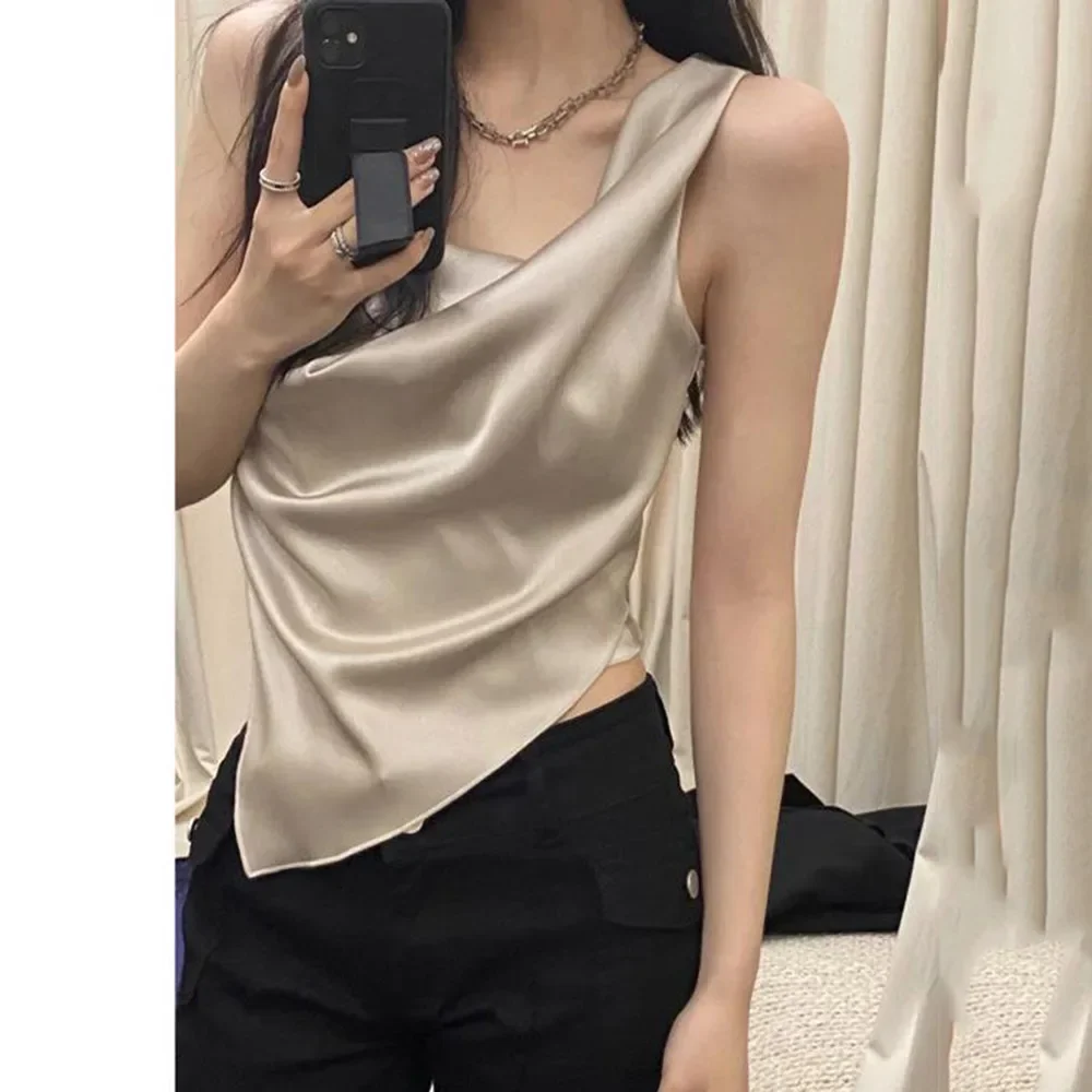 

Women'S Summer N@* Tri-Acetate Satin Pleated Tank Top Halter Sexy Short Tops Commuter Versatile Vest Y2k