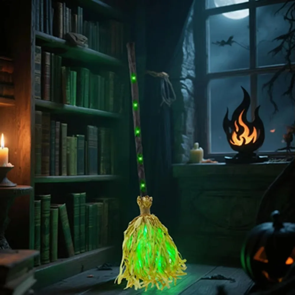 Glowing Animated Dancing Witch Broom with Sounds Bendable Stick Halloween Magic Witch Broomstick Walking Feet Movable