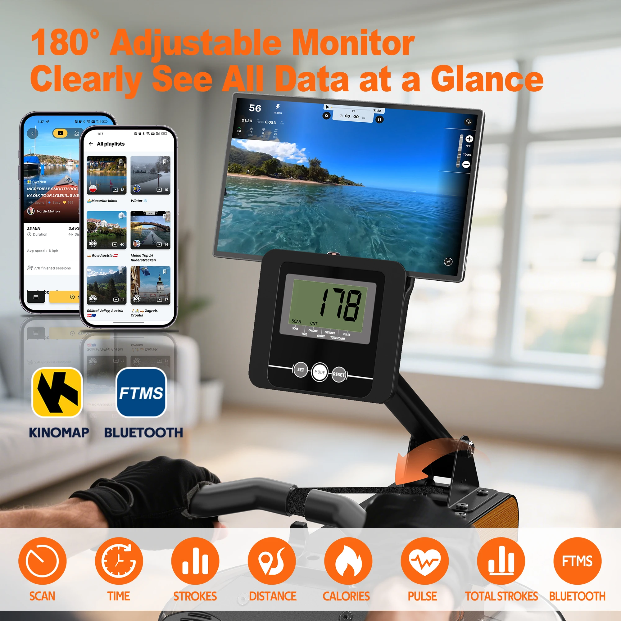 Picture 7: Rowing Machine for Home, Water Rowing Machine with Bluetooth Monitor, Foldable Rowing Machine Adjustable Tablet Holder