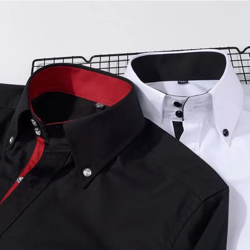 Fashionable White Shirt for Men,Casual Slim Fit with Long Sleeves and Drill Buckle Turtleneck Dress Shirt Korean Size M-3XL 4XL