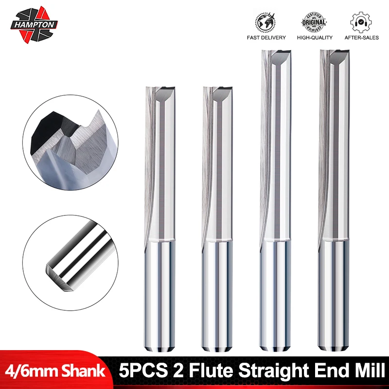 

HAMPTON 5PC Milling Cutter 4/6mm Shank 2 Flute Straight Slot End Mill Bit Carbide CNC Bits Router Bit Engraving Bit For Wood MDF