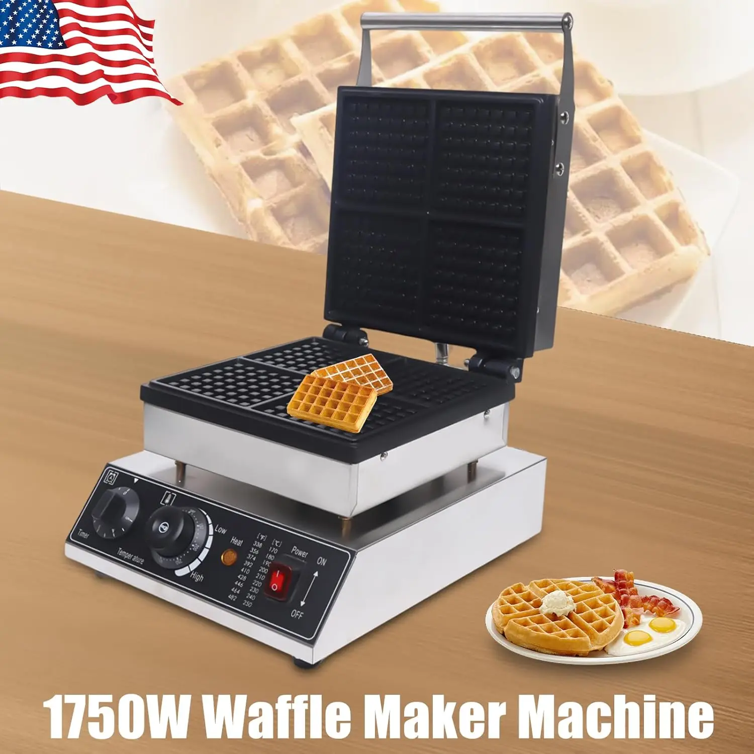 Máquina de waffle, máquina de fazer waffle de 4 fatias e 2 lados, máquina de fazer biscoitos antiaderente, máquina de café da manhã de aço inoxidável adequada