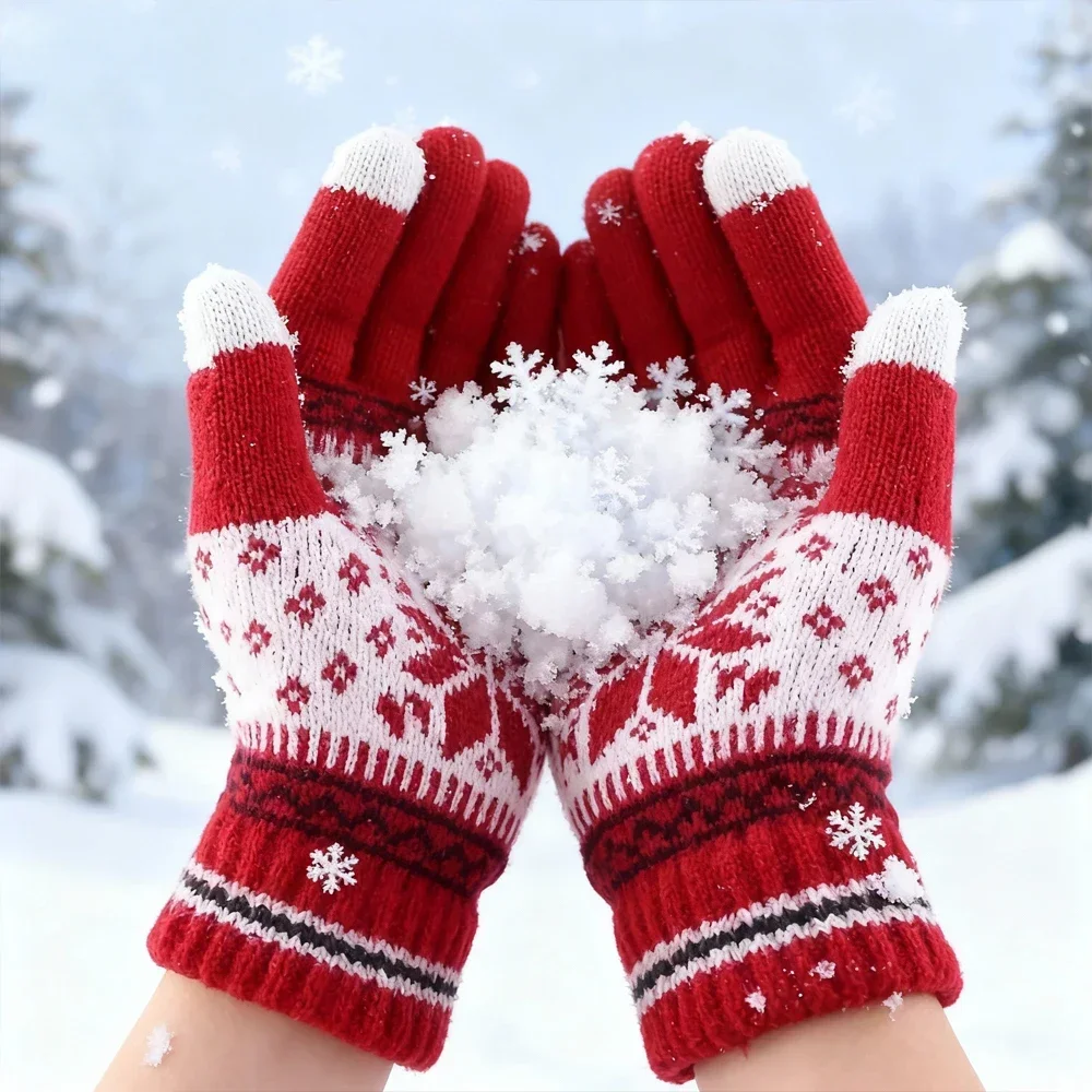 Winter Warm Knitted Gloves, Fashion Handmade Christmas Snowflake Embroidery Touchscreen Gloves for Women Men, Christmas Gifts