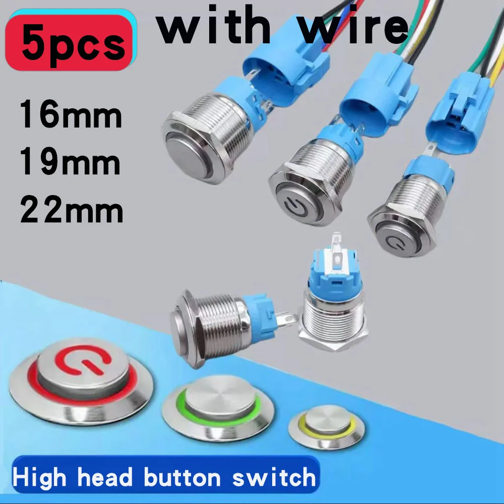 

5 pcs Metal Push Button Switch 12v 16mm 19mm 22mm Momentary Latching On Off Power Switch with wire LED Light 5V 6V 24V 220V Red