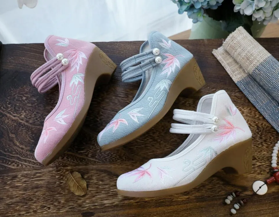 Women Ankle Button Strap Pumps Ethnic Embroidery Mary Jane Dress Shoes Mid Heel Cotton Fabric Espadrilles Vintage Sandals