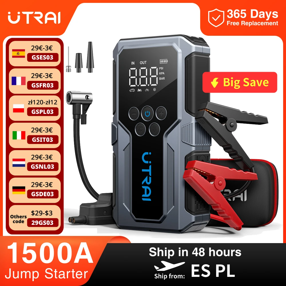 UTRAI 1500A Car Jump Starter Power Bank Portable 150PSI Air Pump Car Battery Emergency Boosters Starting Device Car Starter 2024