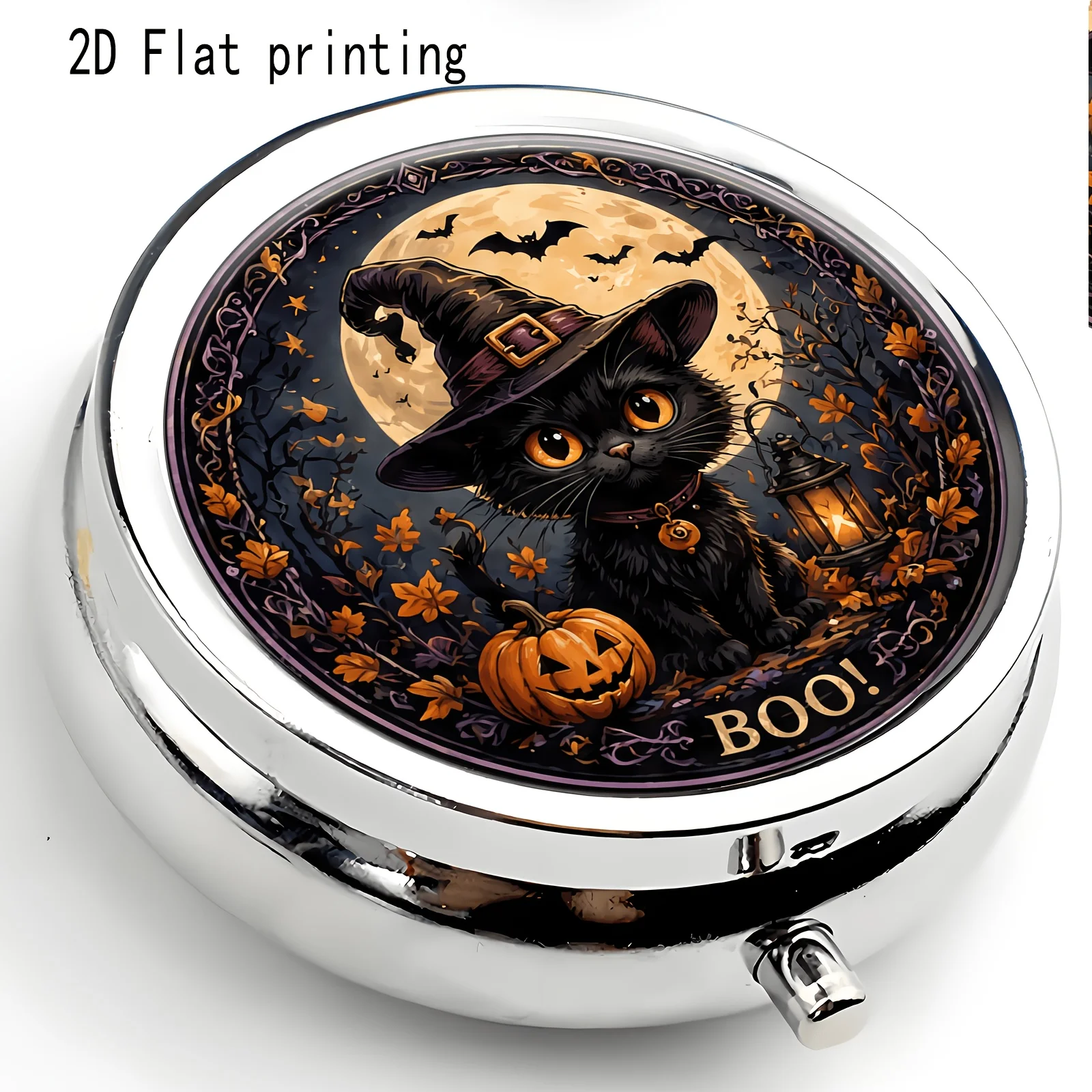 1Pc Flat Printing Pill Box, Jack-O'-Lantern Spooky Smiley Face Design, Halloween Horror Style Portable Metal Material, Lightweight, Convenient, Exquisite, Practical Gift Suitable for Various Occasions, Compartmentalized Storage for Small Items, Portable Safety Box, Universal Personal Medication Dispenser Box