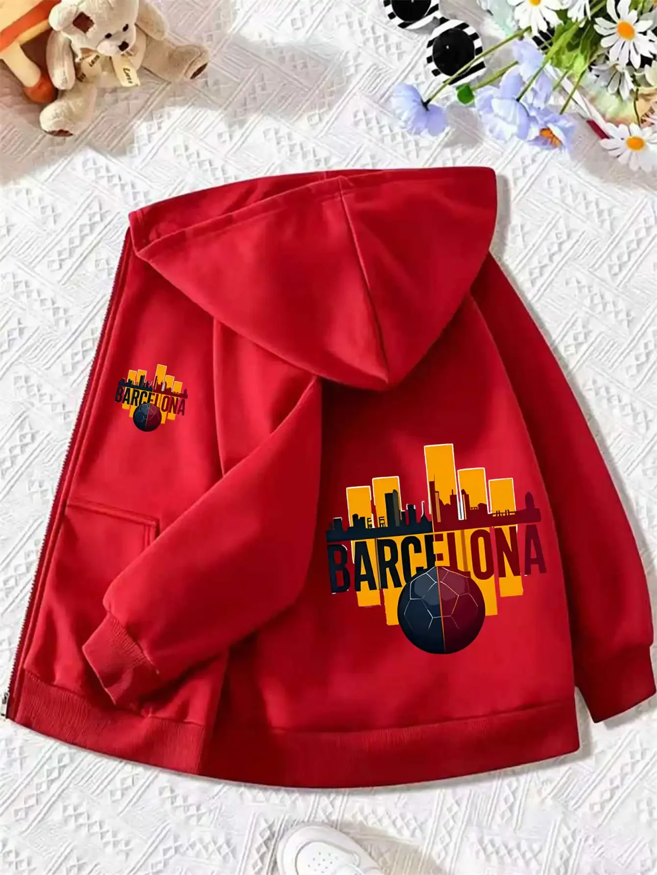 Kids Zip Up Hooded Jacket Barcelona City Skyline Soccer Graphic Long Sleeve Casual Hoodie For Boys Sports Daily Outfit