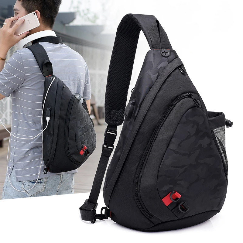 New Fashion Men\'s Chest Bag Water Drops Backpack Charging Crossbody Shoulder USB Port Sling Chest Pack Bags Trendy Students Bag