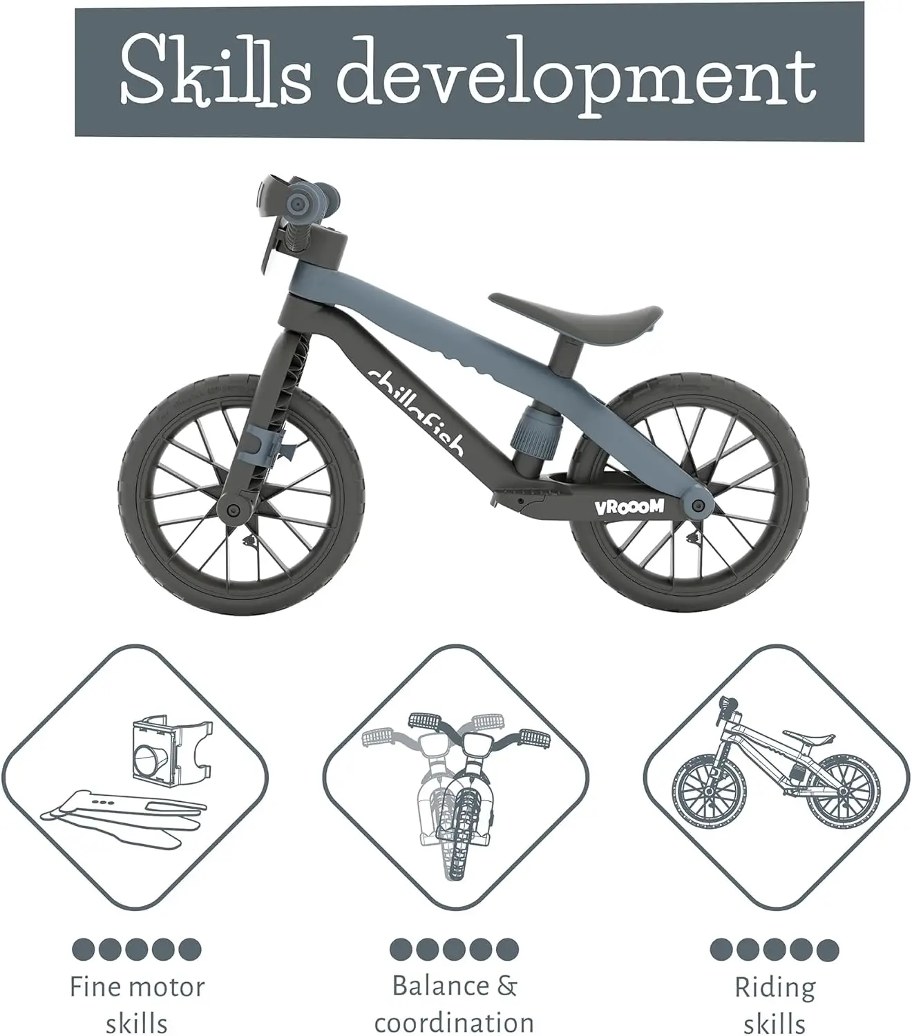 Rower Biegowy 12-calowy z Prawdziwymi Dźwiękami VROOM VROOOM dla Dzieci w Wieku 2-5 Lat, 12-calowe Bezdętkowe Opony Rubberskin, Regulowana S