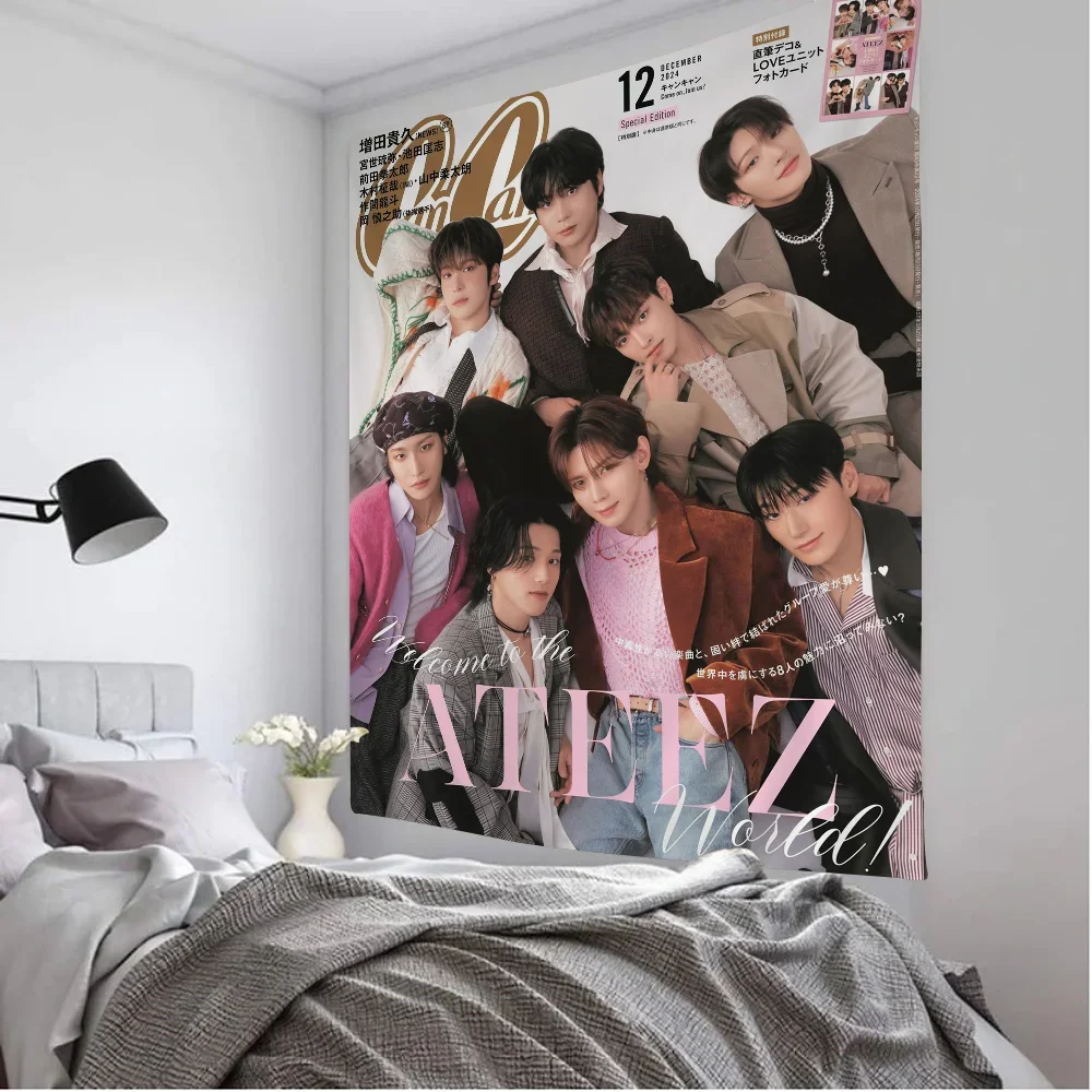 K-pop Ateez Anime Tapestry Hippie Flower Wall Carpets Dorm Decor Cheap Hippie Wall Hanging